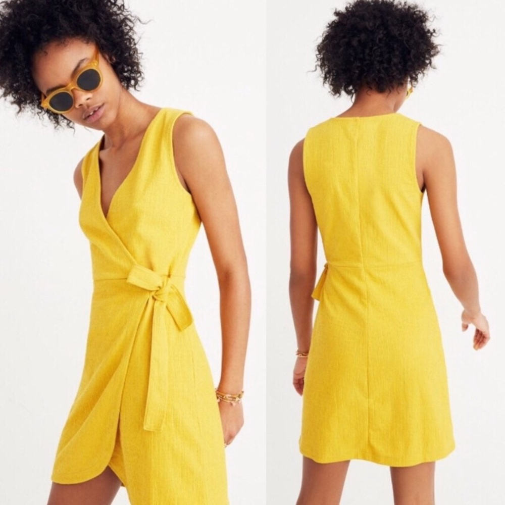 MADEWELL YELLOW GOLD SLEEVELESS TEXTURE & THREAD SIDE-TIE DRESS